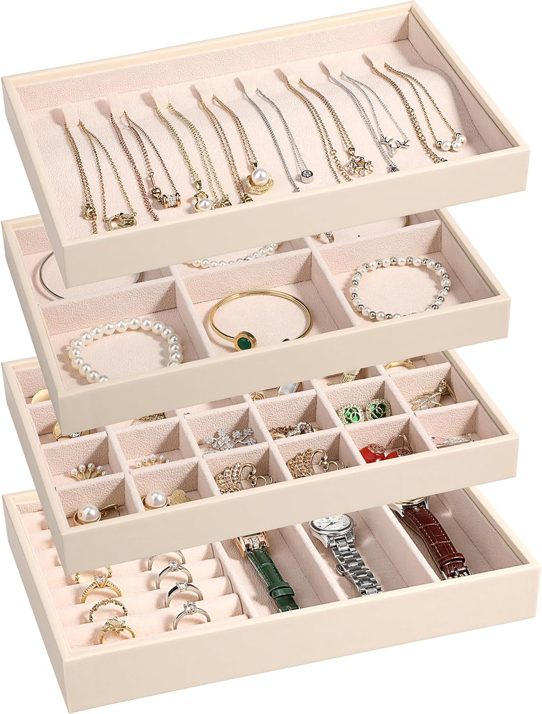 4 Set,Pu Leather Jewelry Storage Holder for Drawer Inserts,Jewellery Display Case Box for Earring Necklace Rings Bracelet with Removable Dividers,Apricot