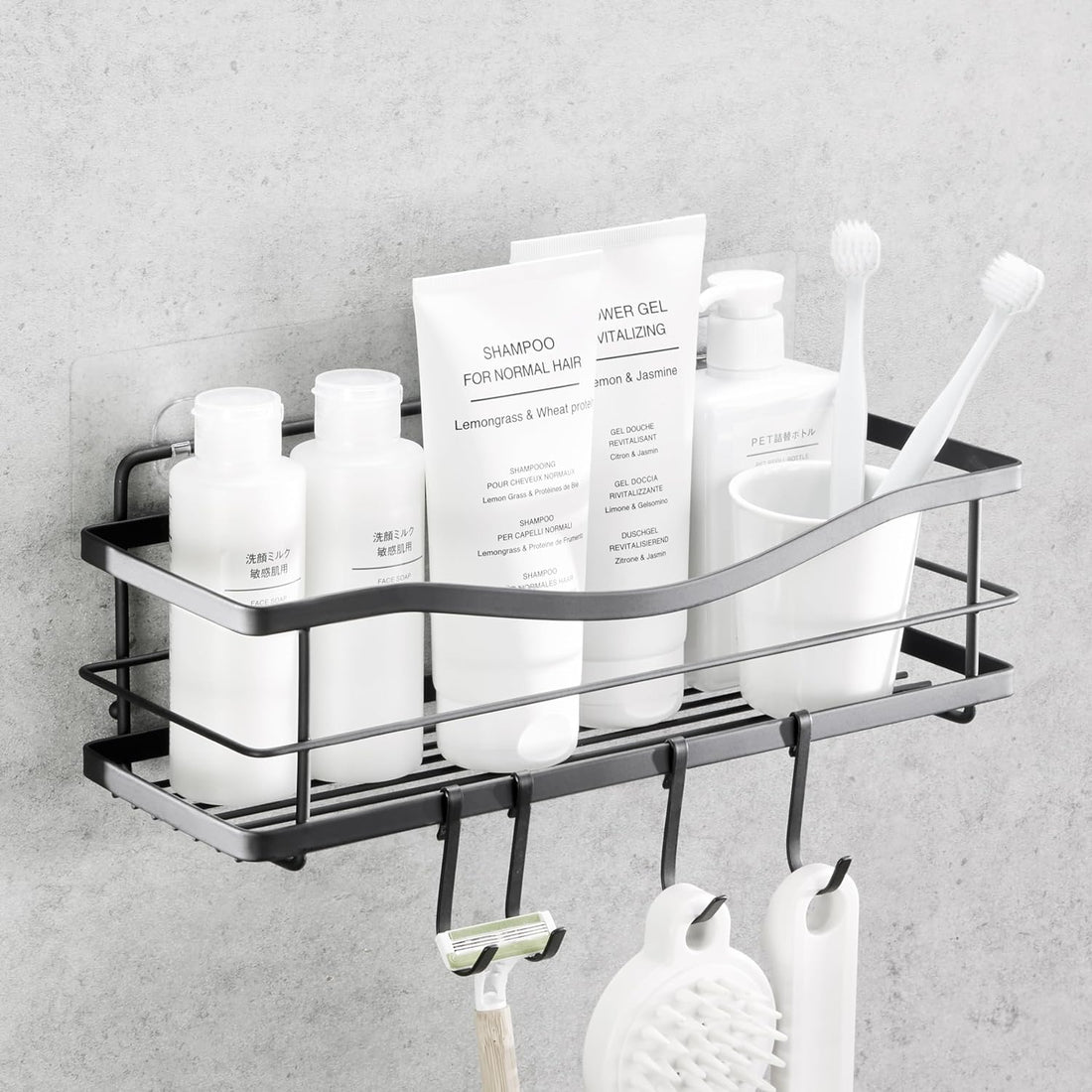 Premium Shower Shelf - Self Adhesive Shower Caddy with 4 Hooks - No Drill Large Capacity Stainless Steel Rack