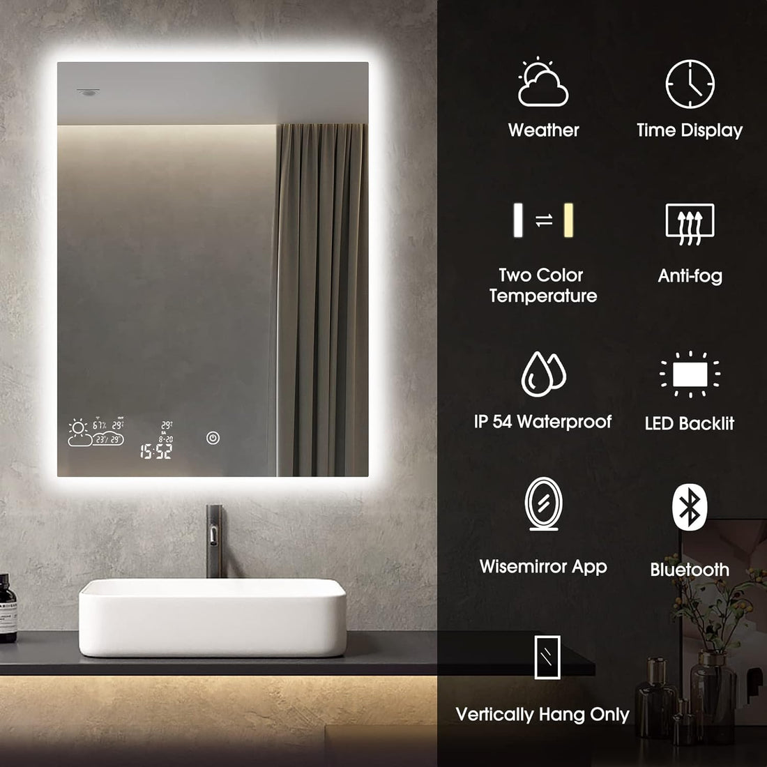 24” X 32” Smart Bathroom Mirror with Bluetooth Wi-Fi Enabled Weather Display, Fog Free, LED Light Vanity Mirror Backlit