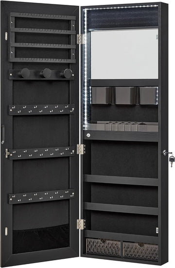 2 Drawers, Lockable, Black Jewelry Cabinet Armoire Organizer with LED Lights, Wall-Mounted Storage Cabinet with Full-Length Frameless