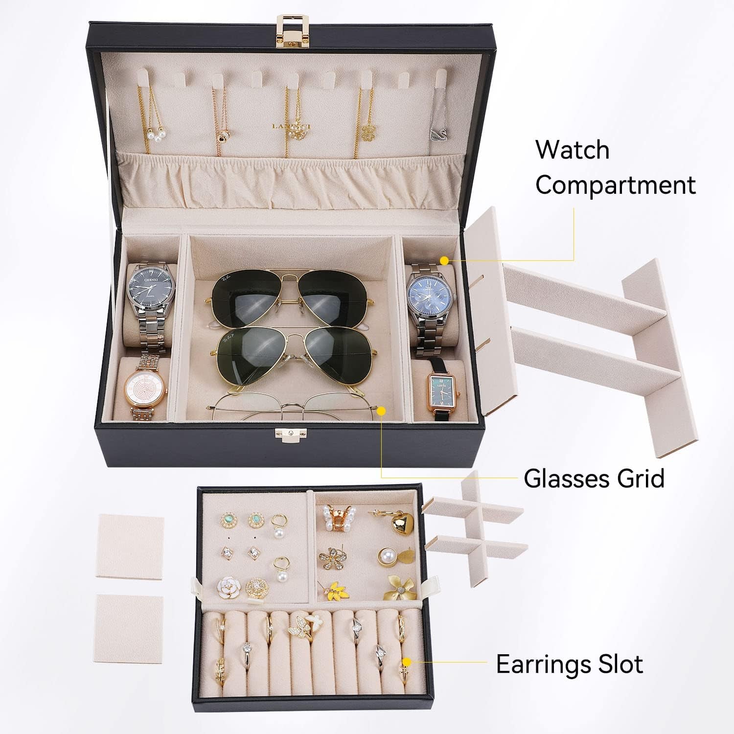 2 Layer 4 Slot Watch Storage Case with Removable Tray, PU Leather Large Jewellery Holder Display for Watches Sunglasses Rings Earrings Necklace, Black