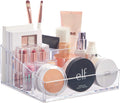 Clear Plastic Vanity Makeup Organizer Compact Rectangular 4-Compartment Holder for Brushes, Eyeshadow Palettes, & Beauty Supplies