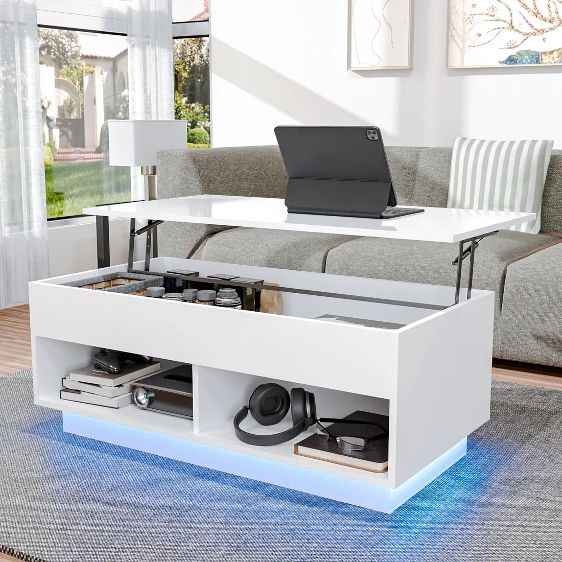 Lift Top Coffee Table with Hidden Compartment High Gloss White Coffee Tables LED Center Rising Cocktail 