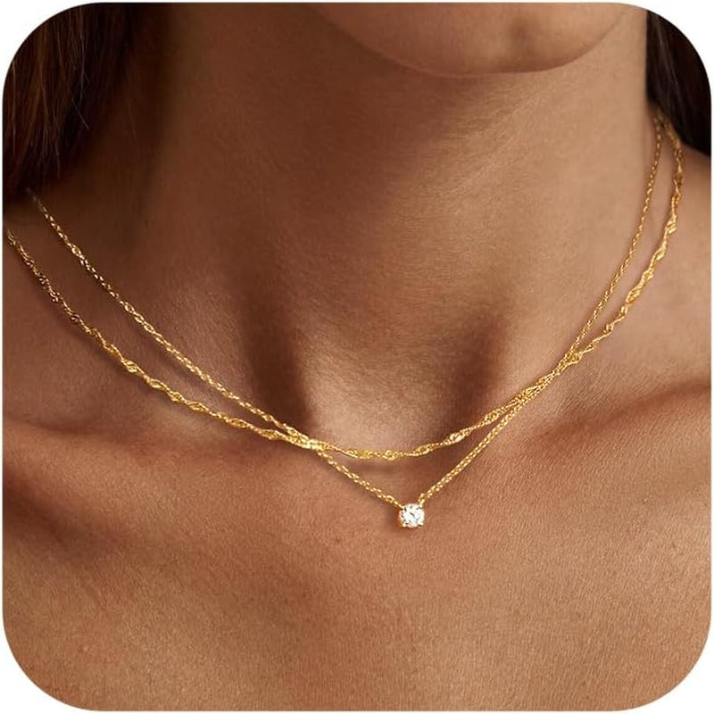  14K Gold Diamond Necklaces Dainty Plated Long Lariat Necklace Simple Gold CZ Diamond Choker Necklaces