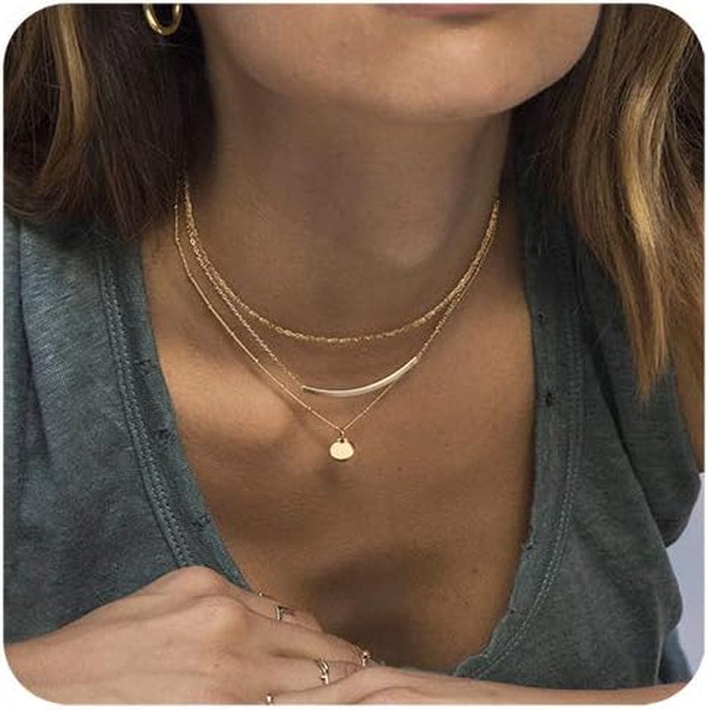 Dainty Layered Choker Necklaces Handmade Coin Tube Star Pearl Pendant Multilayer Adjustable Layering Chain Gold Plated Necklaces Set for Women Girls