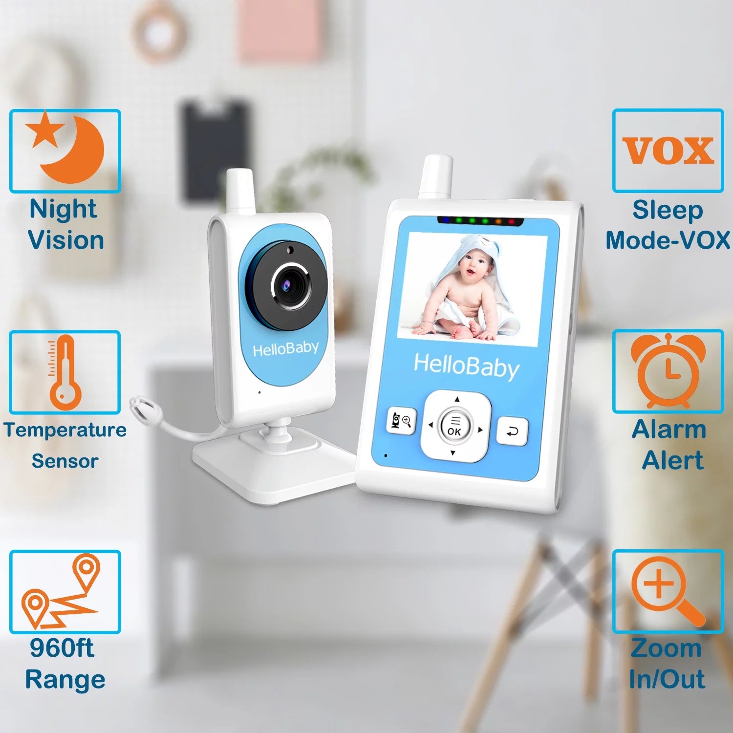 Baby Monitor- HB26 Video Baby Monitor with 2.4 Inch Screen, Night Vision, Temperature Sensor