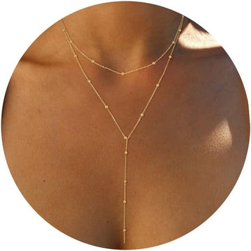 14K Gold Lariat Gold Necklace Dainty Long Necklace Plated/Silver Y-Shaped Pendant Necklace Trendy Layered Cz Beaded Chain Drop Necklaces Simple Gold Jewelry