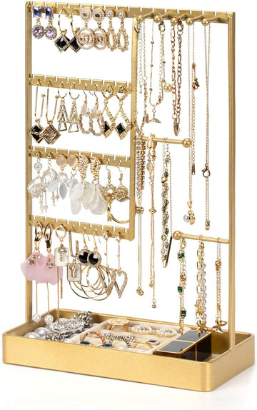 4-Tier Earring Holder Organizer with Metal Tray, Jewelry Holder Stand for Necklaces Stud Earrings Bracelets and Rings