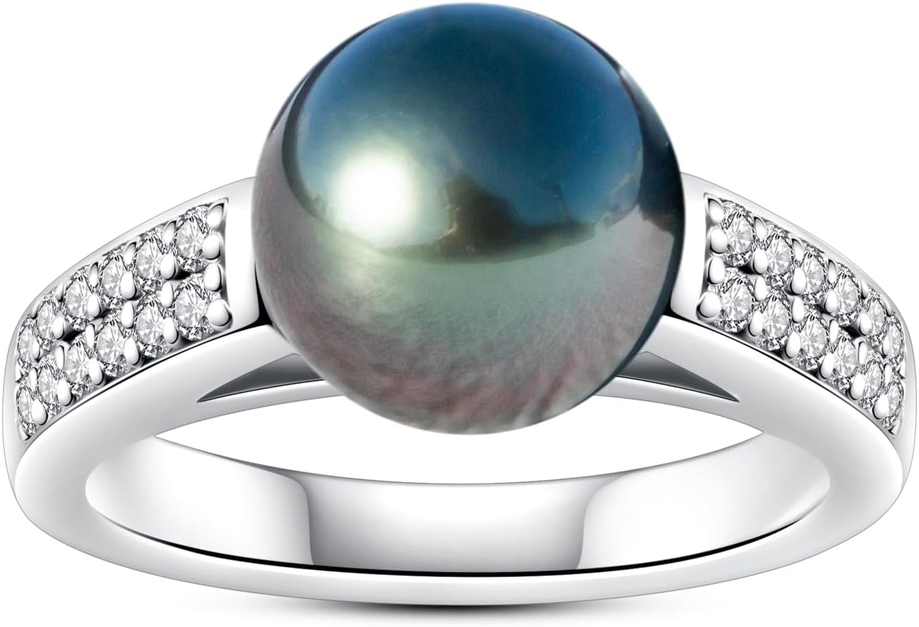 Tahitian Black Pearl Ring AAA Quality Tahiti Natural South Sea Cultured Pearl 0.36 Cttw Moissanite Iced Out Sterling Silver S925 Rings for Mom Her Women