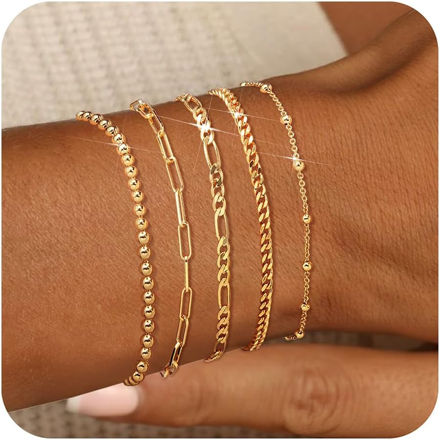 14K Gold Plated Bracelet Stack Set Adjustable Stackable Bracelets Paperclip Chain Cuban Link Layered Waterproof Gold Jewelry 6.0/6.8/7.2"