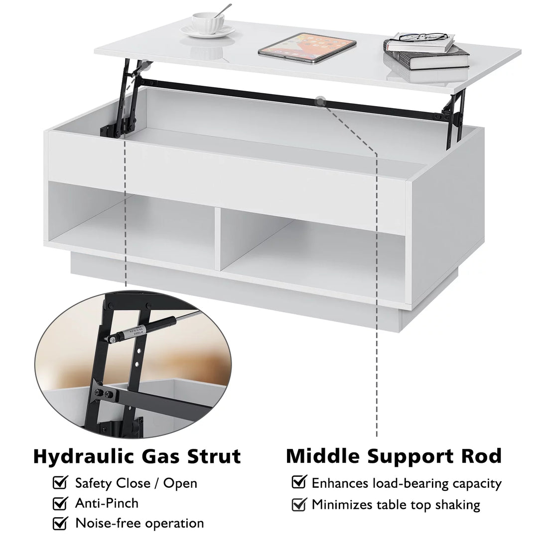 Lift Top Coffee Table with Hidden Compartment High Gloss White Coffee Tables LED Center Rising Cocktail 