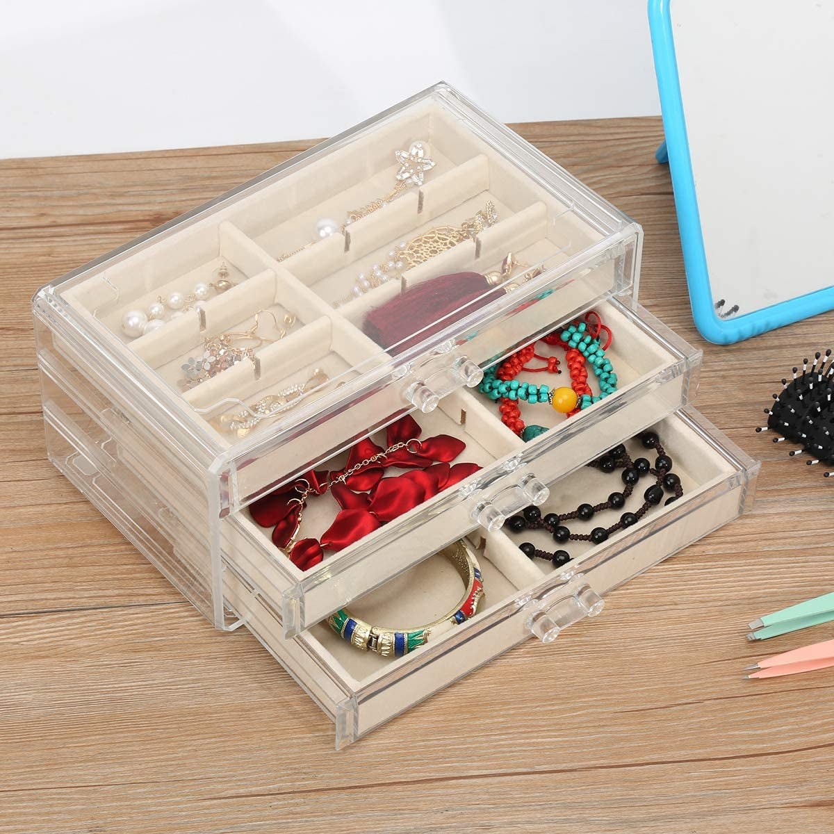 Acrylic Jewelry Organizer Makeup Cosmetic Storage Organizer Box Clear Jewelry Case with 3 Drawers Adjustable Jewelry Box Velvet Trays Grid Size