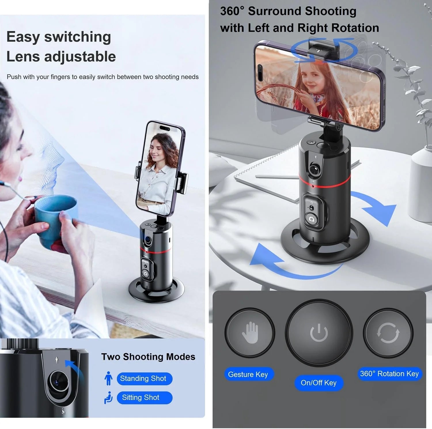 Auto Face Tracking Phone Holder Tripod, No App Required, 360° Rotation Smart Face Body Tracking Tripod