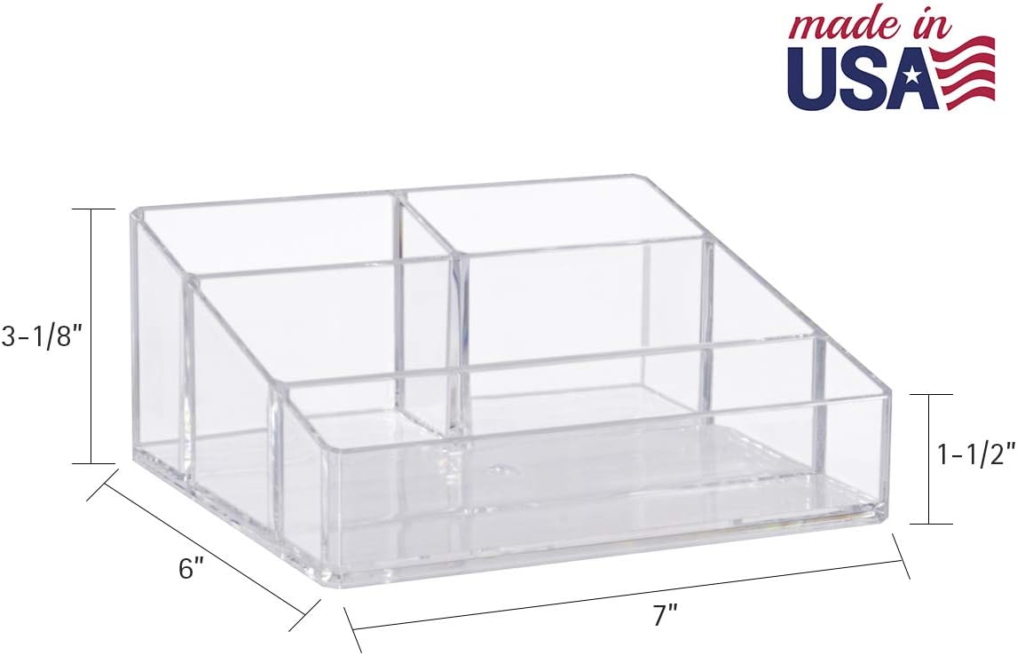 Clear Plastic Vanity Makeup Organizer Compact Rectangular 4-Compartment Holder for Brushes, Eyeshadow Palettes, & Beauty Supplies