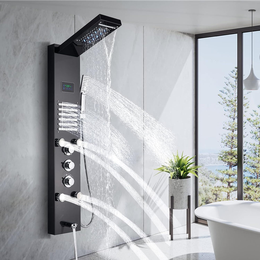 LED Light Shower Panel Tower System Stainless Steel LED Rainfall Waterfall Shower Head Hydroelectricity