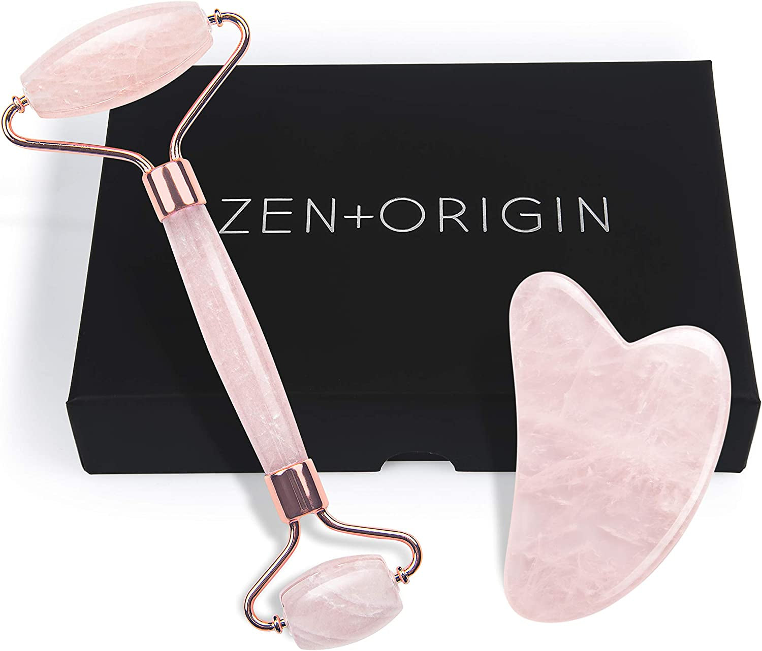 Rose Quartz Roller and Gua Sha Set, 100% Natural Rose Quartz Stone Face Roller, Anti-Wrinkle