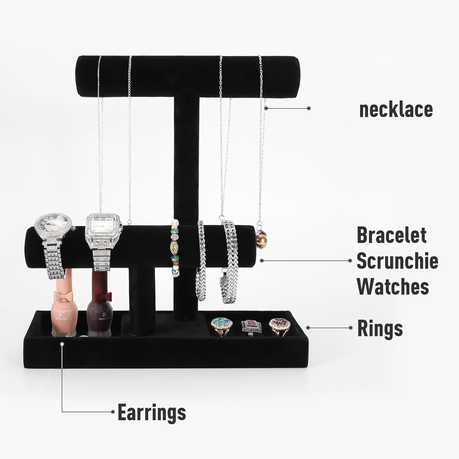 Byken Multi-Functional Necklace Holder,Bracelet Holder,Jewelry Organizer Stand with Earrings Rings Tray,Jewelry Holder for Scrunchie Watches Detachable