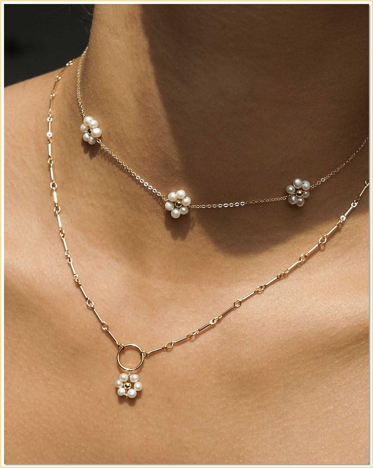 Daisy Pearl Necklace, Dainty Pearl Choker Necklace for Women as Flower Necklace, Trendy Gold Necklaces as Summer Jewelry Teen Girls Daisy Gift 