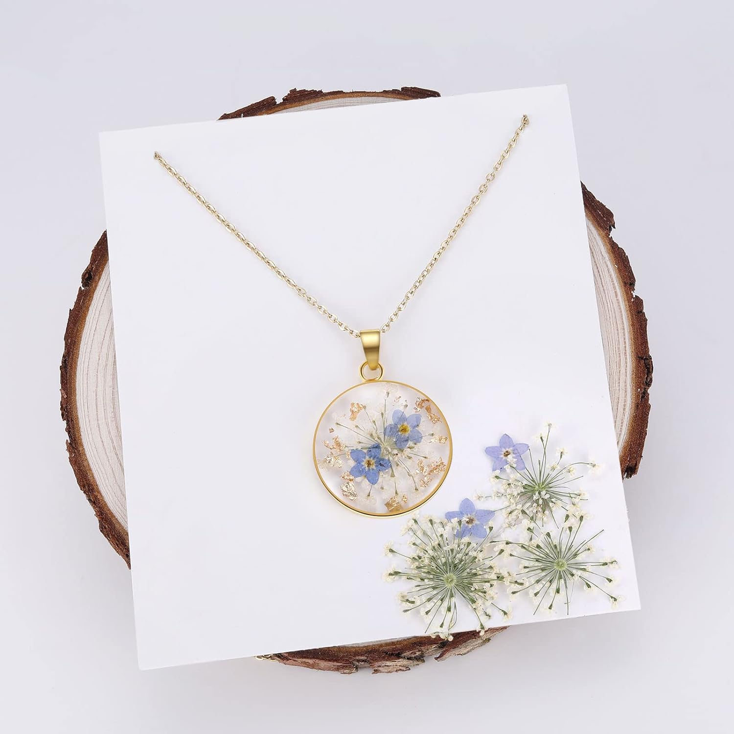 18” Necklace  Forget-Me-Not and Queen Anne'S Lace Pressed Wildflower Gold Pressed Flower Necklace Personalized Handmade Necklaces for Women | Forget-Me-Not Jewelry | Alaska State Flower Necklace |