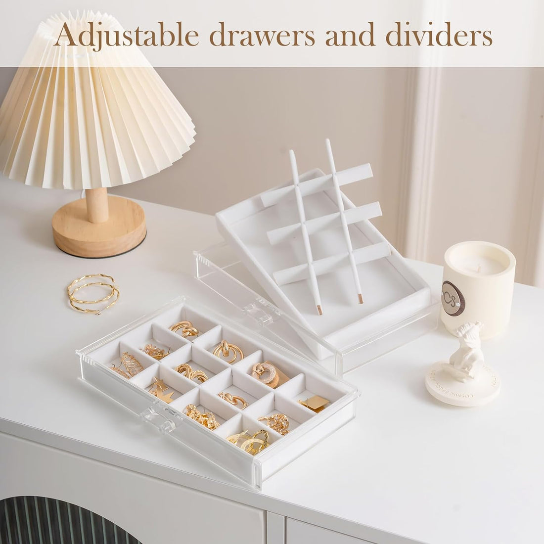  4 Drawers Adjustable Velvet Trays -Warmwhite Earring Holder Organizer Box Jewelry Storage with