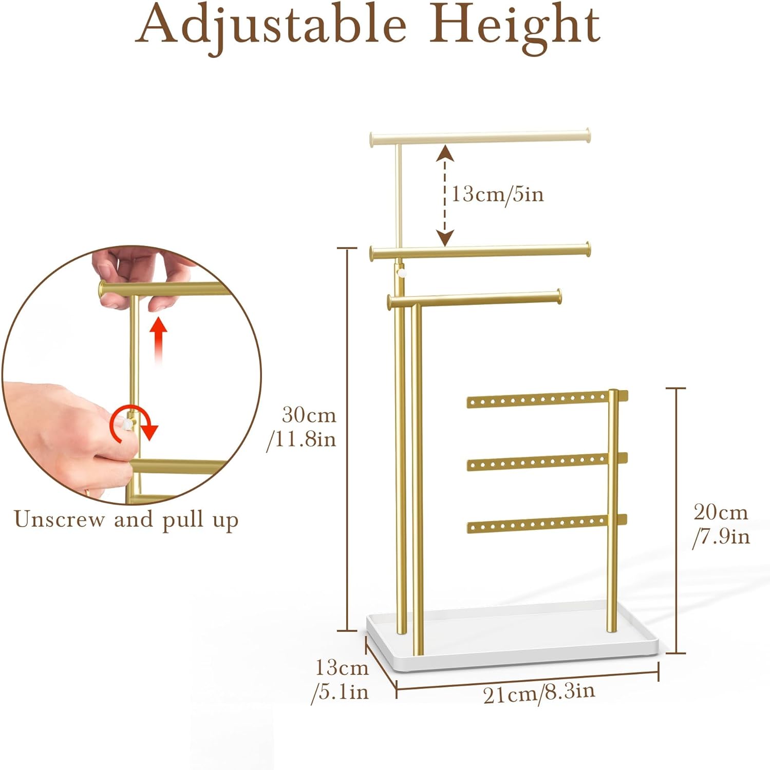 Jewelry Holder Organizer Stand Adjustable Tall 17.5" (Max) Sturdy Jewelry Hanger for Necklaces, Earrings, Bracelets, Rings, Jewlery Display and Storage, Gold and White, Metal