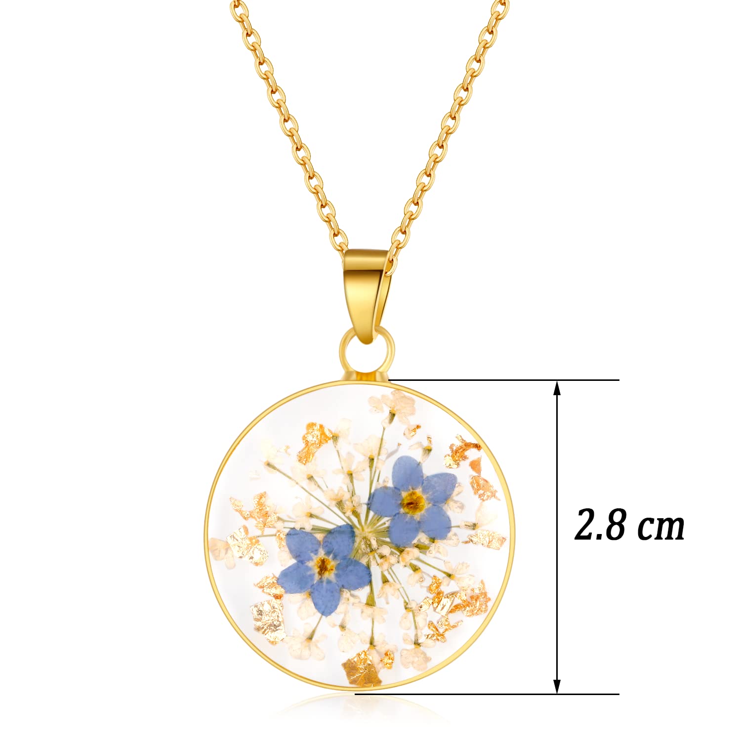 18” Necklace  Forget-Me-Not and Queen Anne'S Lace Pressed Wildflower Gold Pressed Flower Necklace Personalized Handmade Necklaces for Women | Forget-Me-Not Jewelry | Alaska State Flower Necklace |