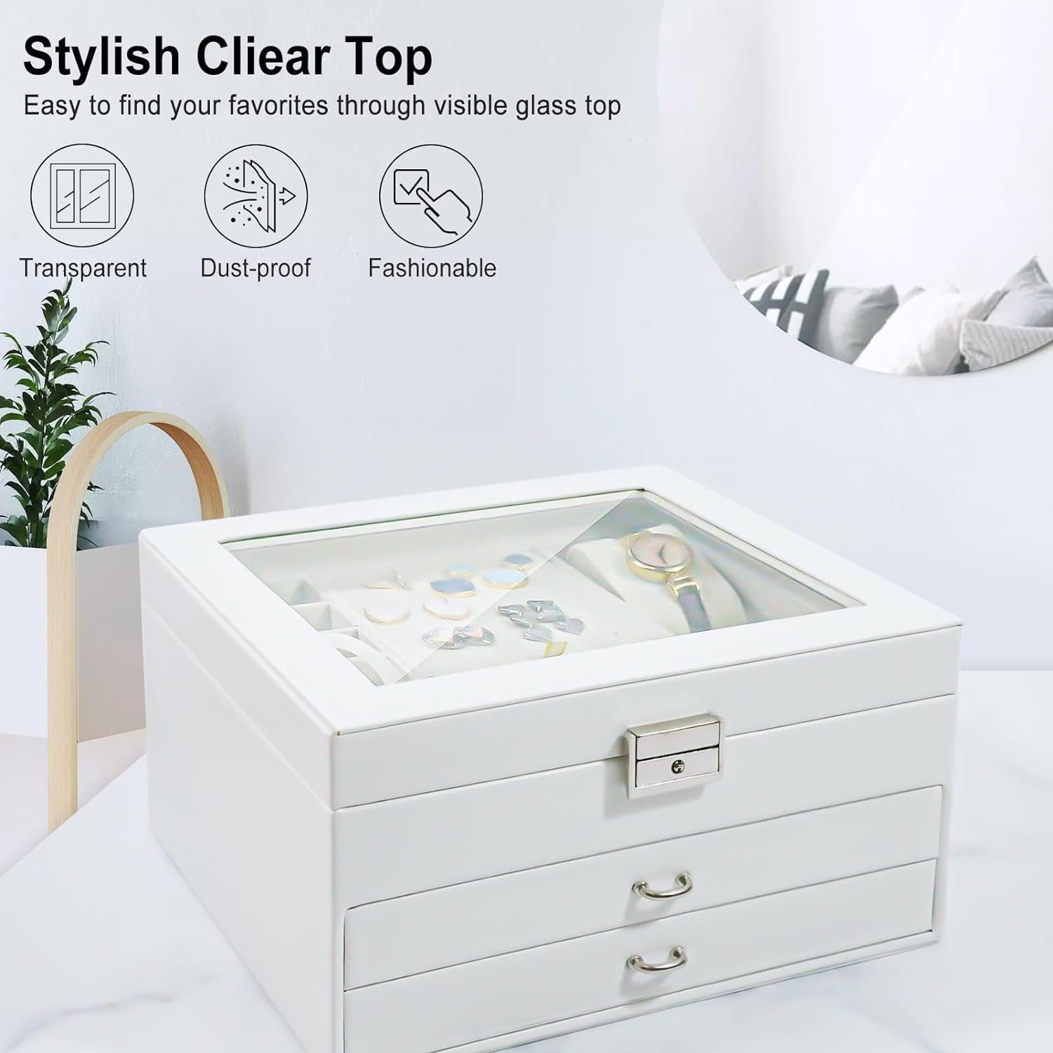 3-Layer Jewelry Organizer Box for Women Girl Wife, 2 Drawers Clear Top Jewelry Organizer Case Elegant White