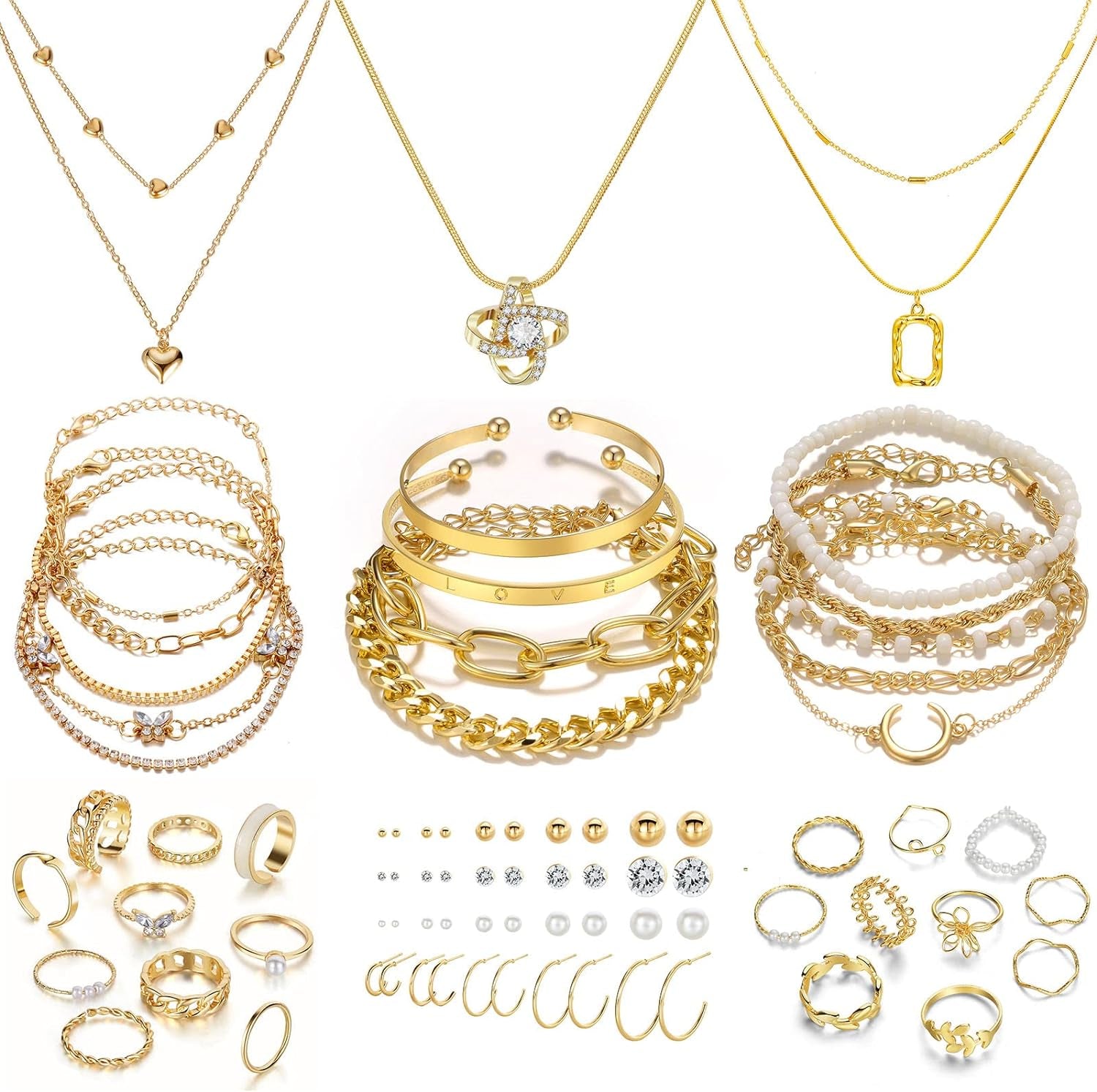 36 PCS Gold Plated Jewelry Set with 4 PCS Necklace, 11 PCS Bracelet, 7 PCS Ear Cuffs Earring, 14 Pcs Knuckle Rings for Women Girls Valentine Anniversary Birthday Friendship Gift