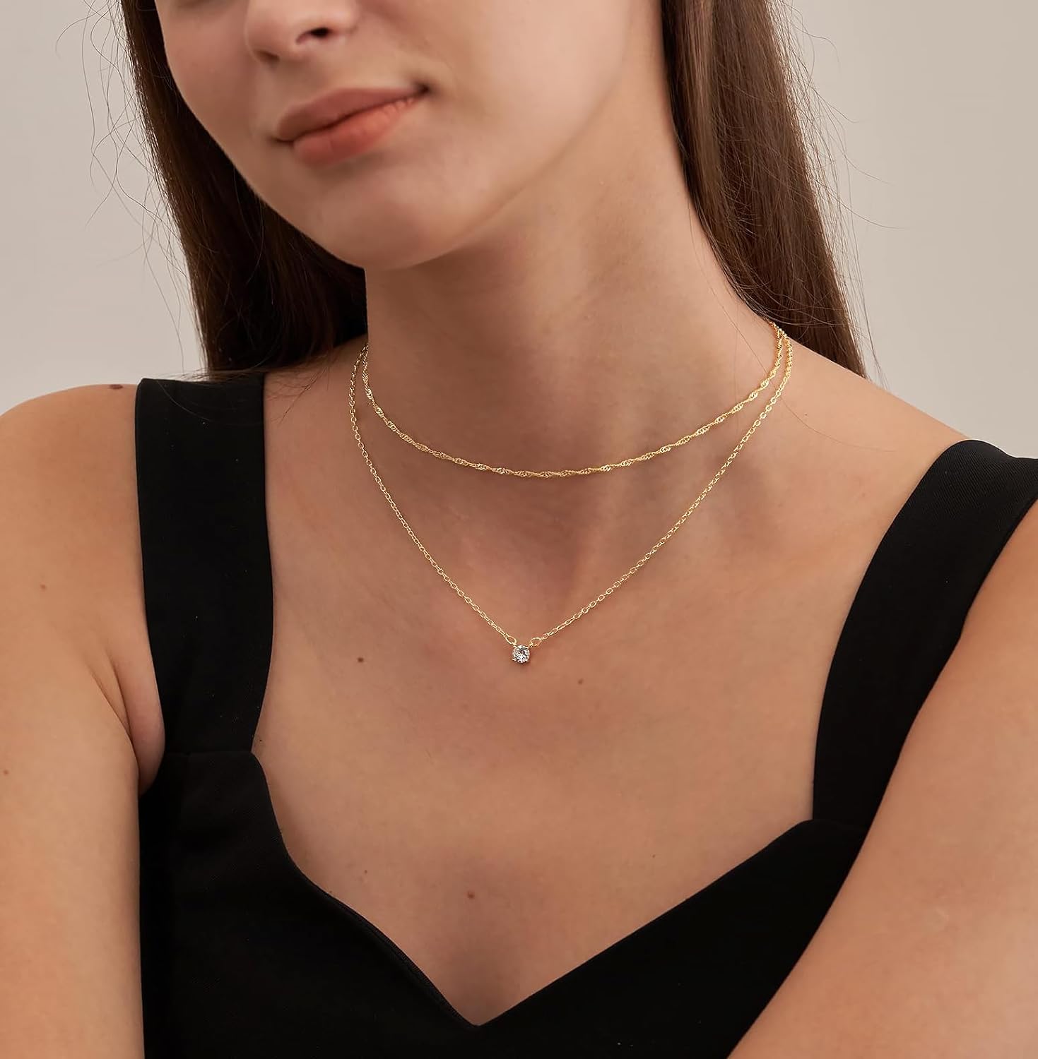  14K Gold Diamond Necklaces Dainty Plated Long Lariat Necklace Simple Gold CZ Diamond Choker Necklaces