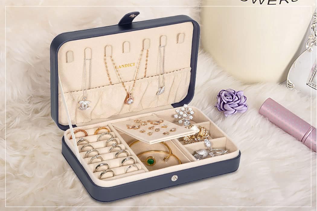 Small Jewelry Box for Women Girls, PU Leather Travel Jewelry Organizer Case, Portable Jewellery Storage Holder Display for Ring Earrings Necklace Bracelet Bangle Watch Men Kids Gift, Dark Blue