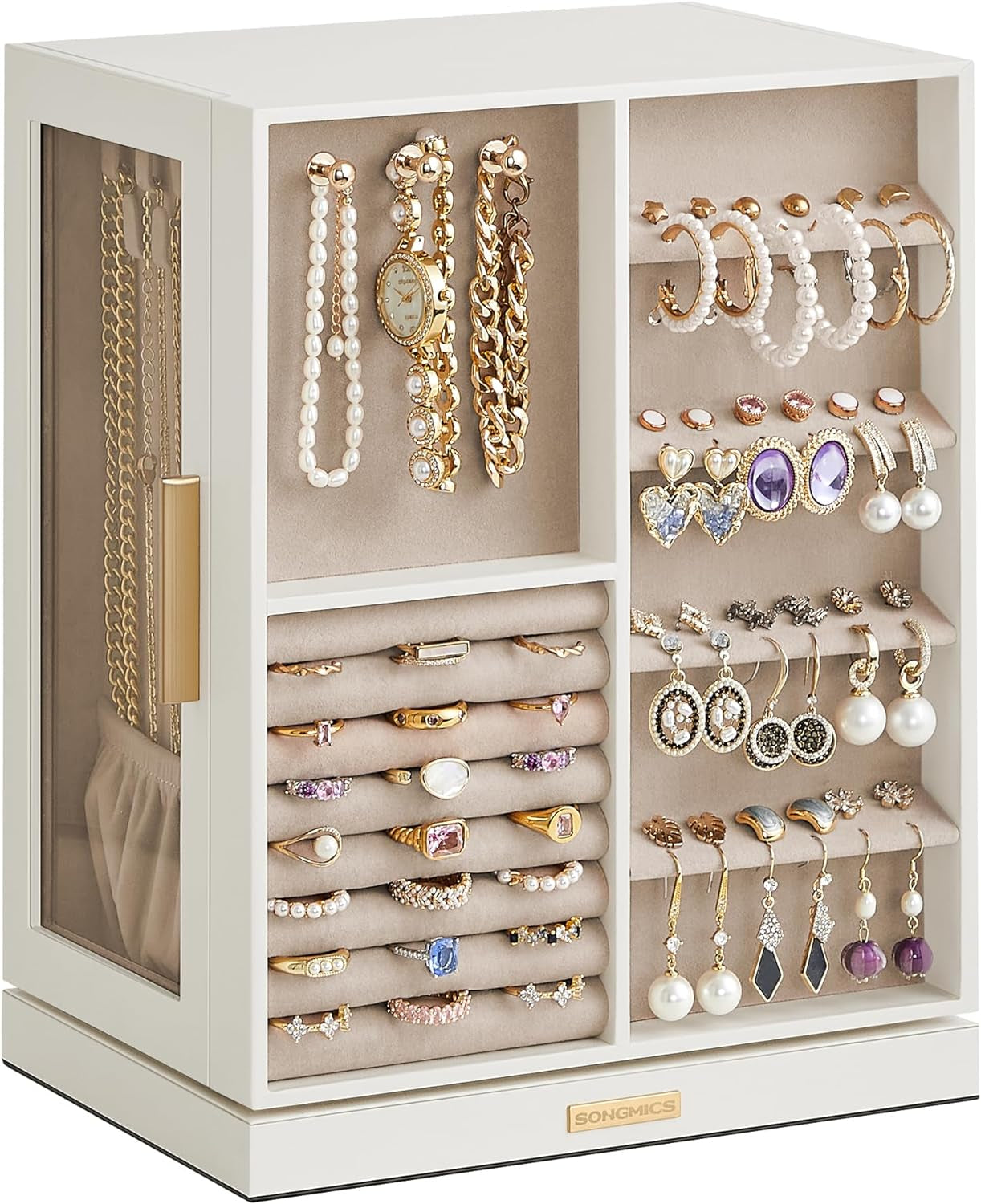 5 Drawers, Jewelry Organizer, Glass Window, Spacious, Vertical Jewelry Storage, Open Design, Great Gift, Cloud White