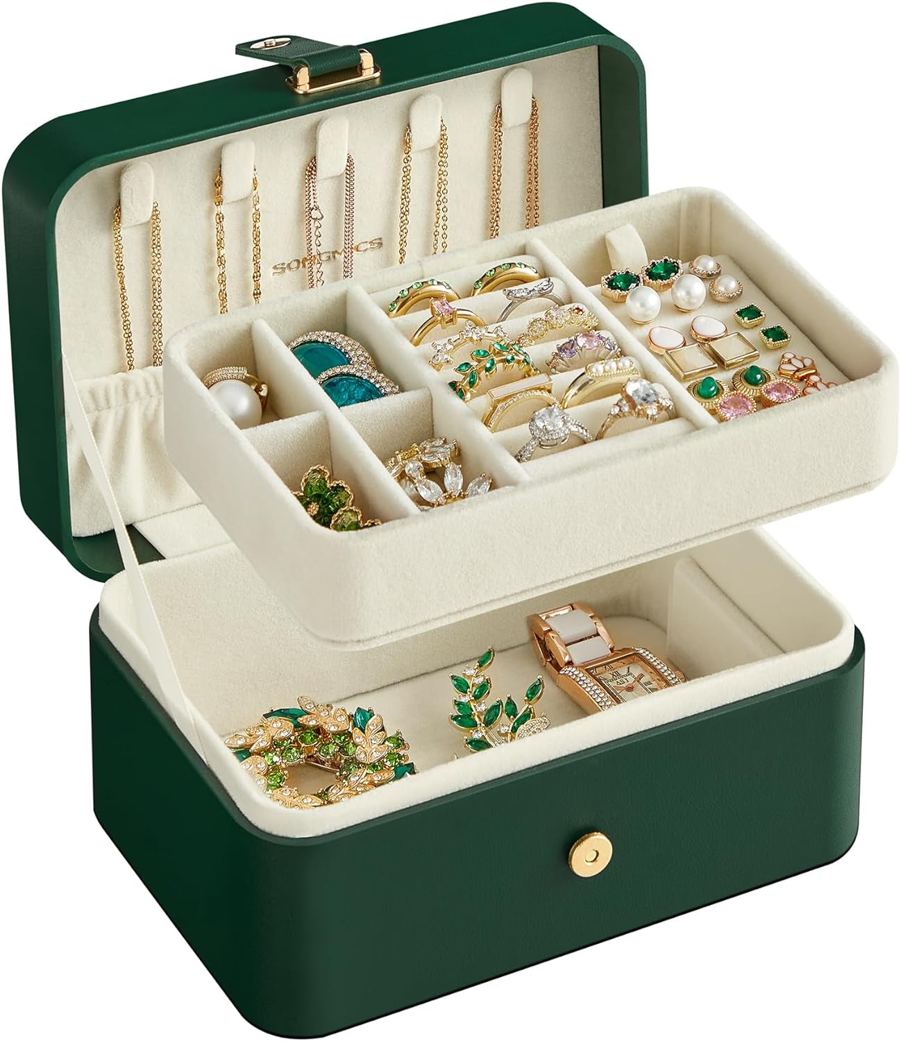 Jewelry Box, Travel Jewelry Case, 2-Layer Jewelry Holder Organizer, 4.6 X 6.3 X 3 Inches, Portable, Versatile Earring Storage, for Larger Accessories, Gift Idea, Forest Green 