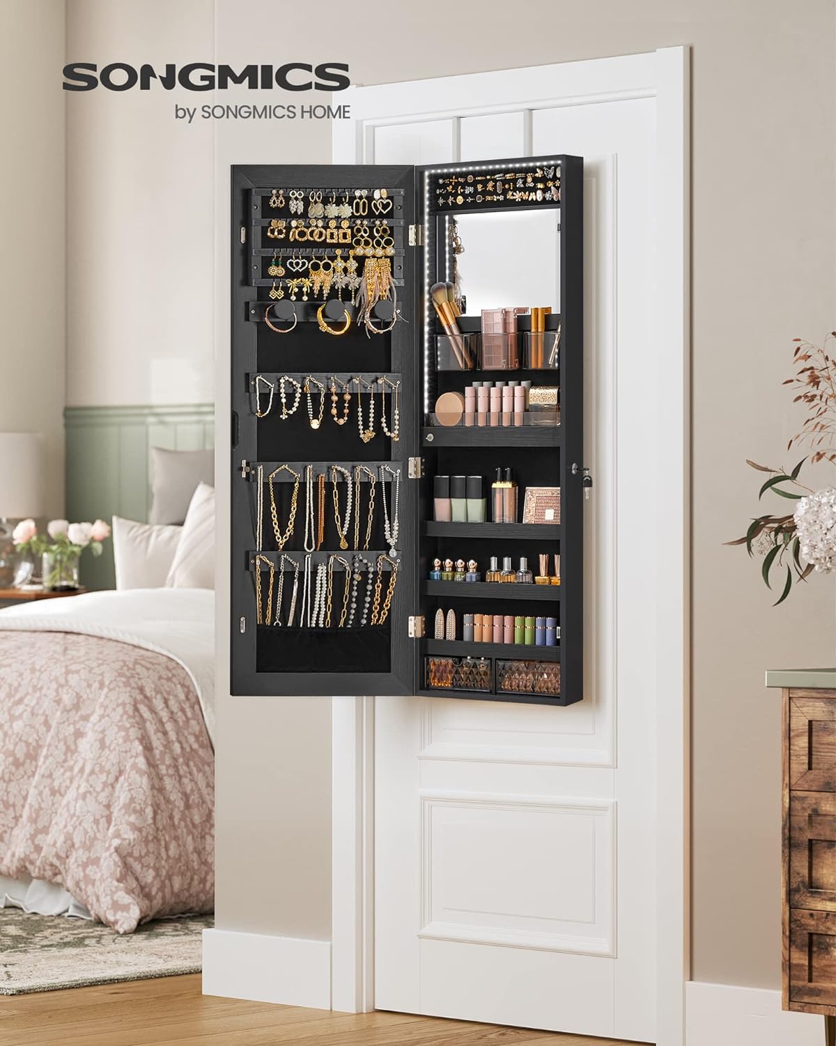 2 Drawers, Lockable, Black Jewelry Cabinet Armoire Organizer with LED Lights, Wall-Mounted Storage Cabinet with Full-Length Frameless