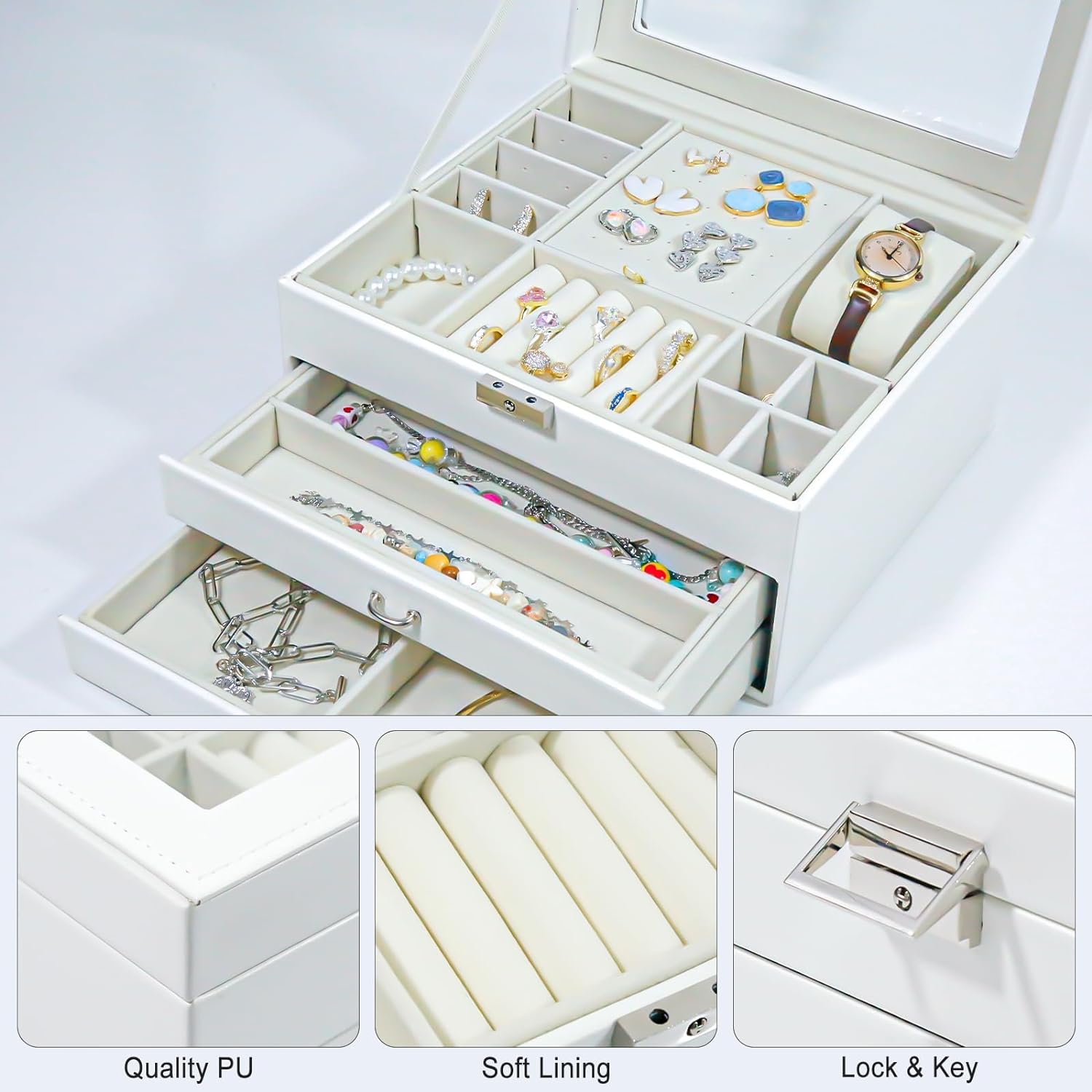 3-Layer Jewelry Organizer Box for Women Girl Wife, 2 Drawers Clear Top Jewelry Organizer Case Elegant White