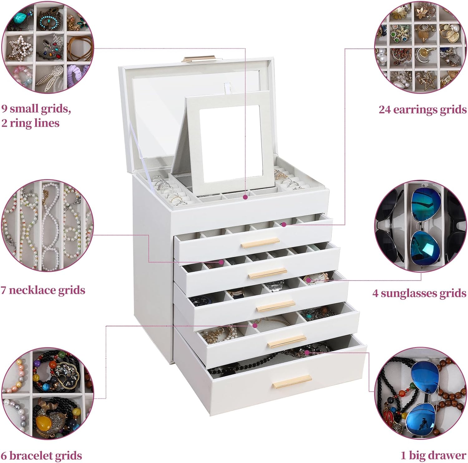 6 Layer Large Jewelry Box for Necklace, Bracelet, Earrings, Rings Storage, Jewelry Holder Organizer