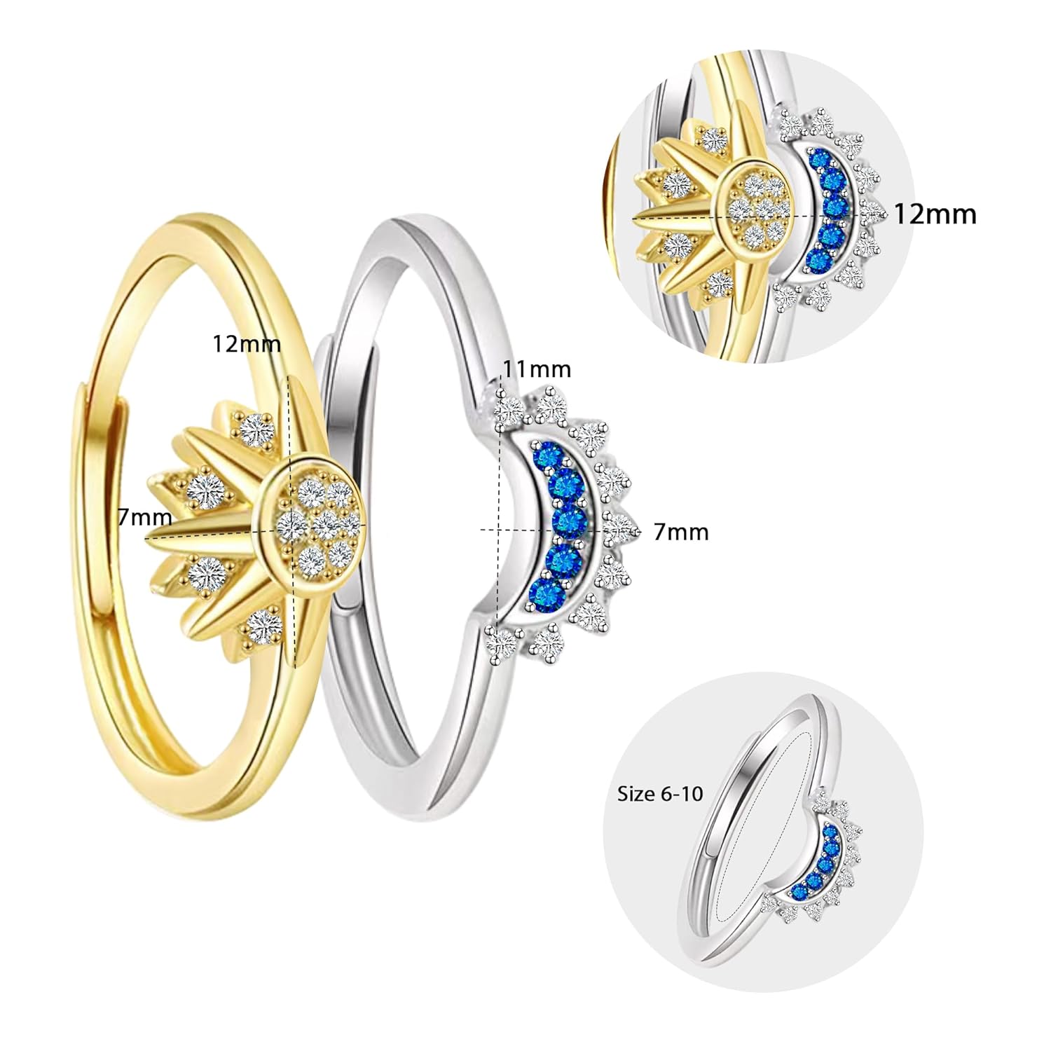 Sun and Moon Ring Stackable Rings for Women,Adjustable Jewelry Anillos Para Mujer Rings