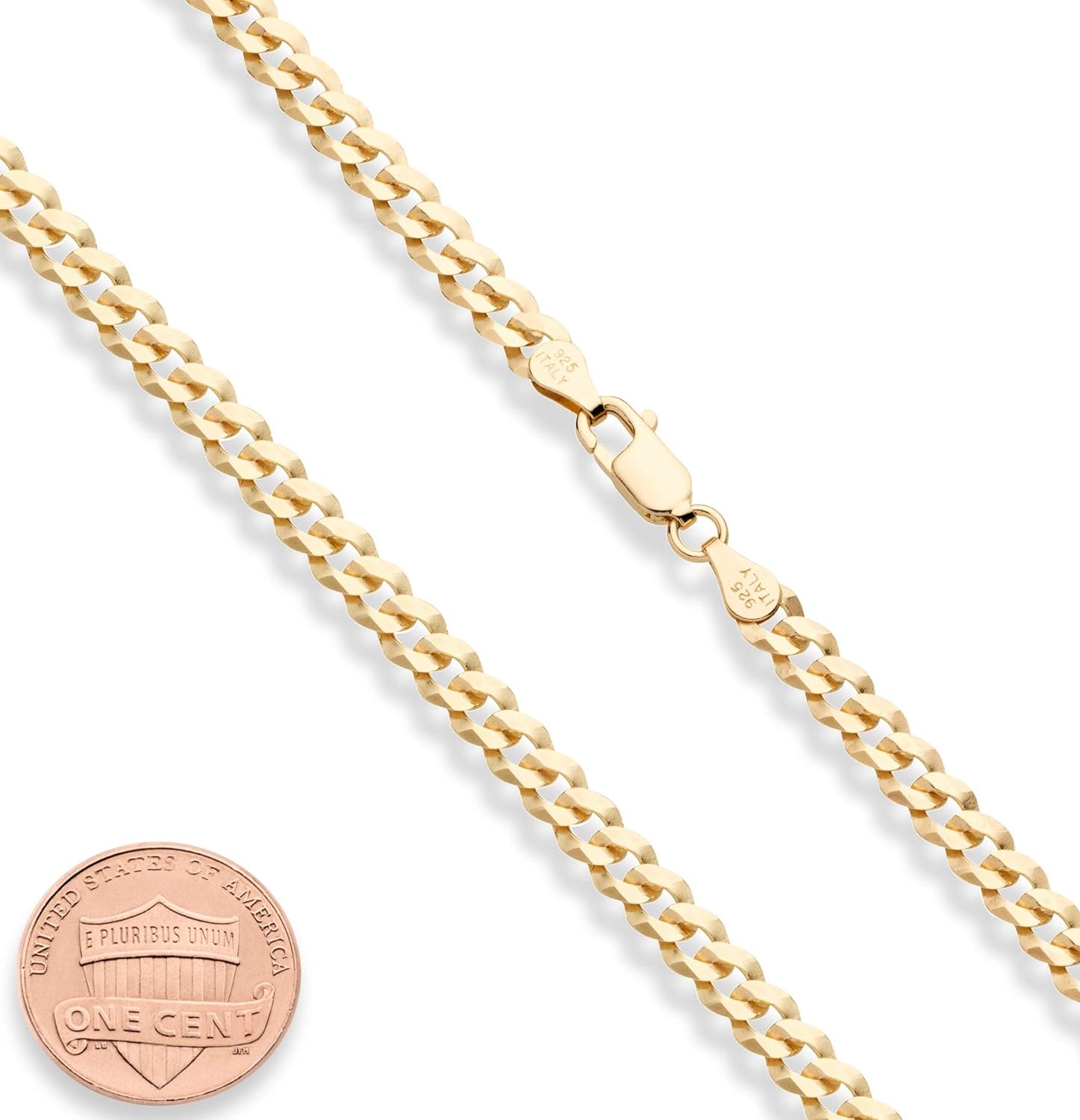 18K Gold over 925 Sterling Silver Italian 5Mm Diamond-Cut Cuban Link Curb Chain Necklace Women Men