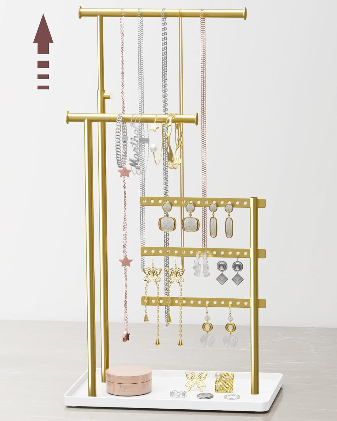 Jewelry Holder Organizer Stand Adjustable Tall 17.5" (Max) Sturdy Jewelry Hanger for Necklaces, Earrings, Bracelets, Rings, Jewlery Display and Storage, Gold and White, Metal