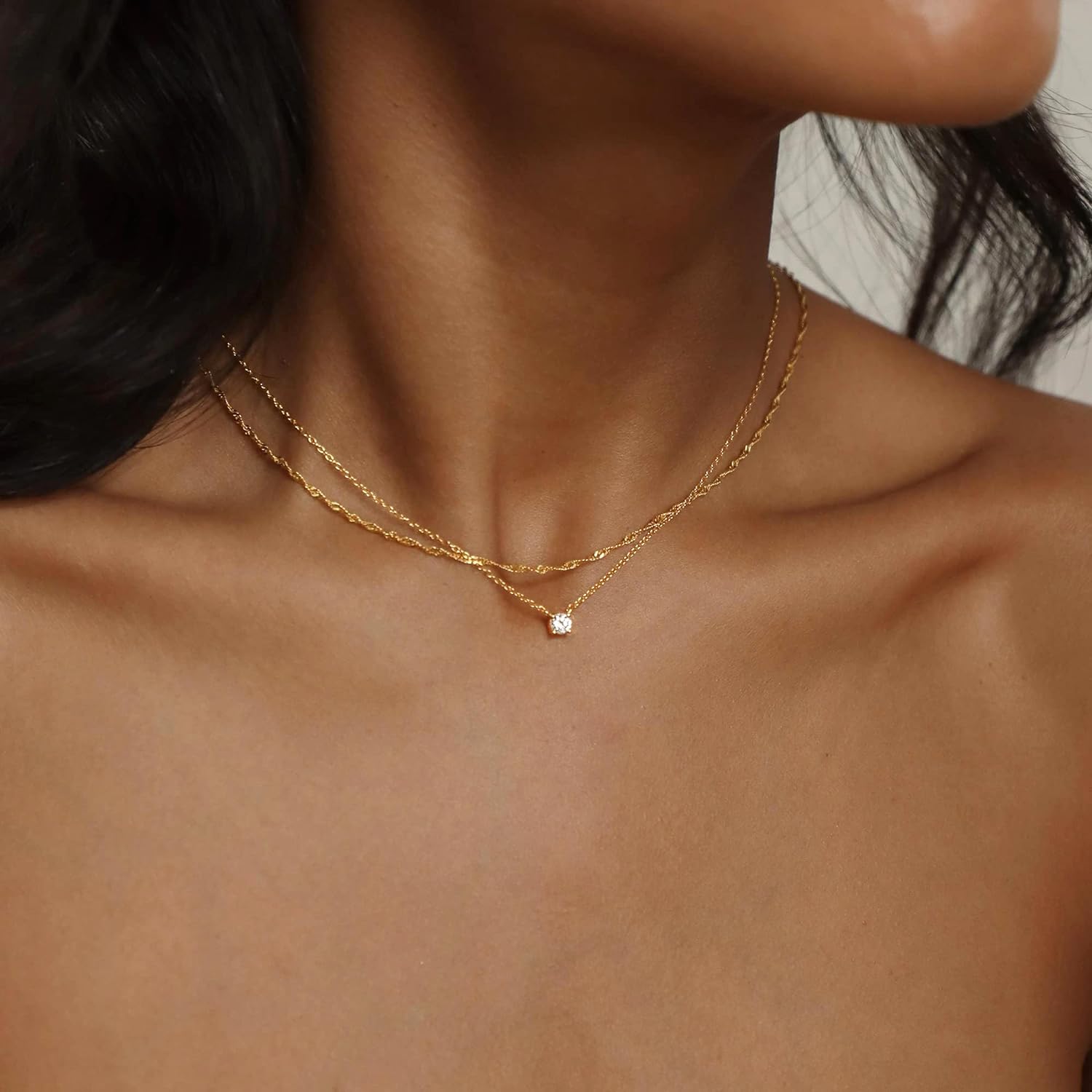  14K Gold Diamond Necklaces Dainty Plated Long Lariat Necklace Simple Gold CZ Diamond Choker Necklaces