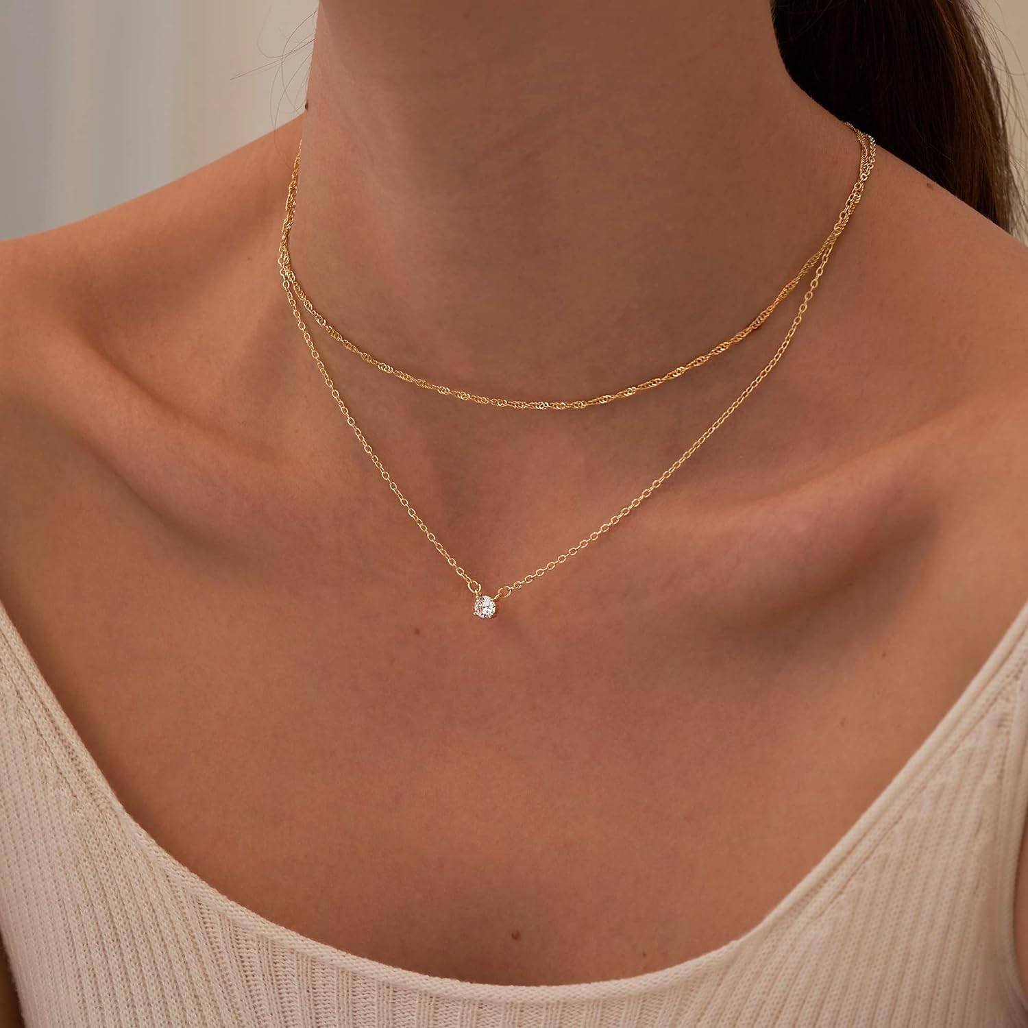  14K Gold Diamond Necklaces Dainty Plated Long Lariat Necklace Simple Gold CZ Diamond Choker Necklaces