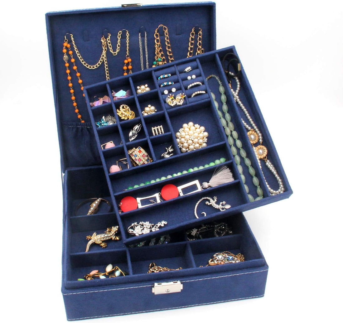 Two-Layer Jewelry Box Organizer Display Storage Case with Lock (Deep Blue)