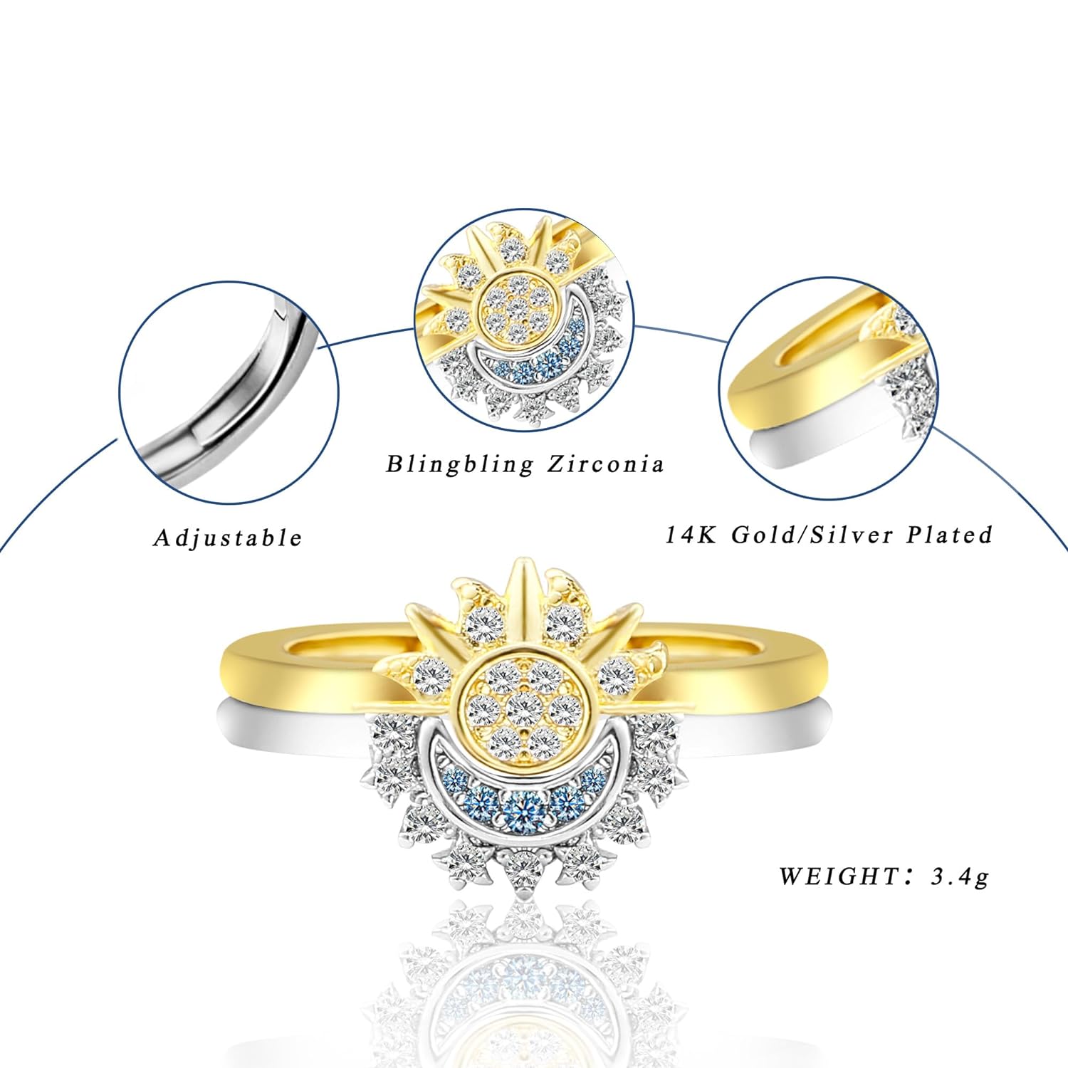 Sun and Moon Ring Stackable Rings for Women,Adjustable Jewelry Anillos Para Mujer Rings