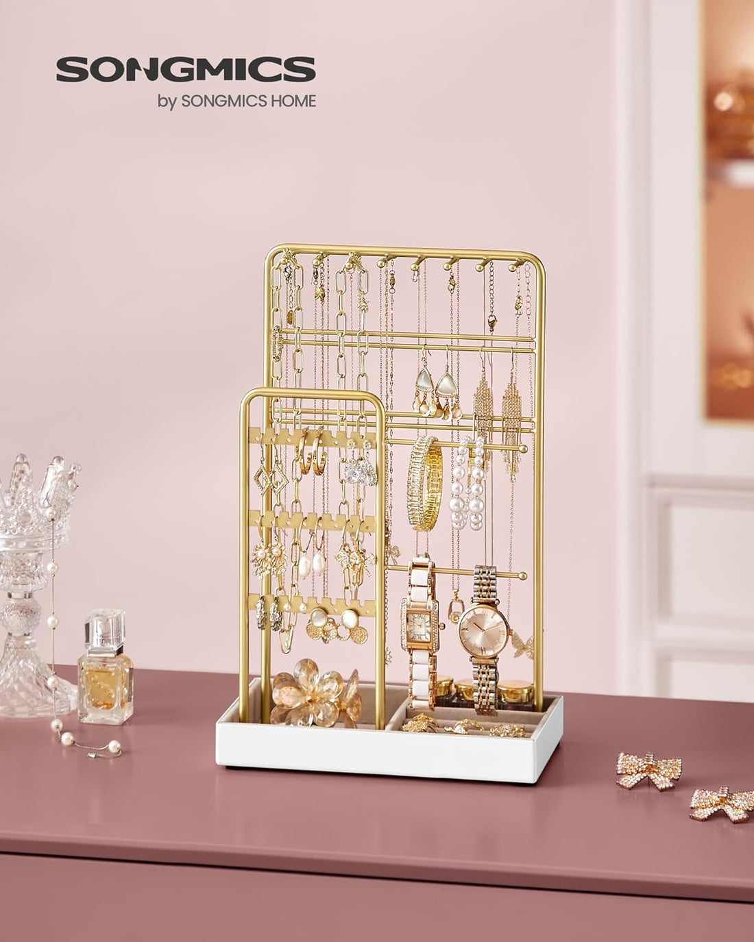 Jewelry Holder Jewelry Organizer Jewelry Display Stand with Metal Frame and Velvet Tray, Necklace Earring Bracelet Holder,