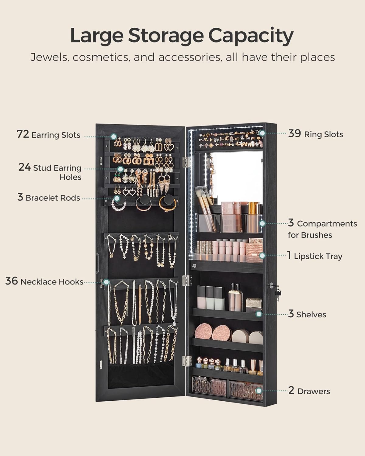 2 Drawers, Lockable, Black Jewelry Cabinet Armoire Organizer with LED Lights, Wall-Mounted Storage Cabinet with Full-Length Frameless