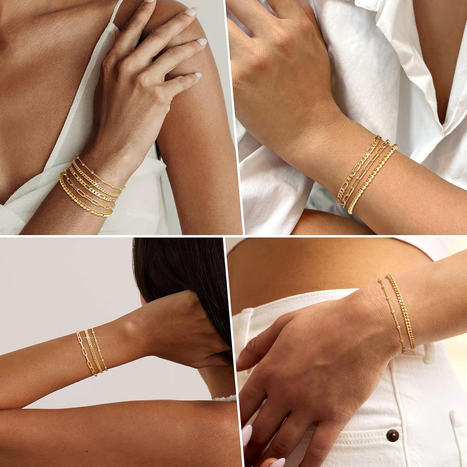 14K Gold Plated Bracelet Stack Set Adjustable Stackable Bracelets Paperclip Chain Cuban Link Layered Waterproof Gold Jewelry 6.0/6.8/7.2"