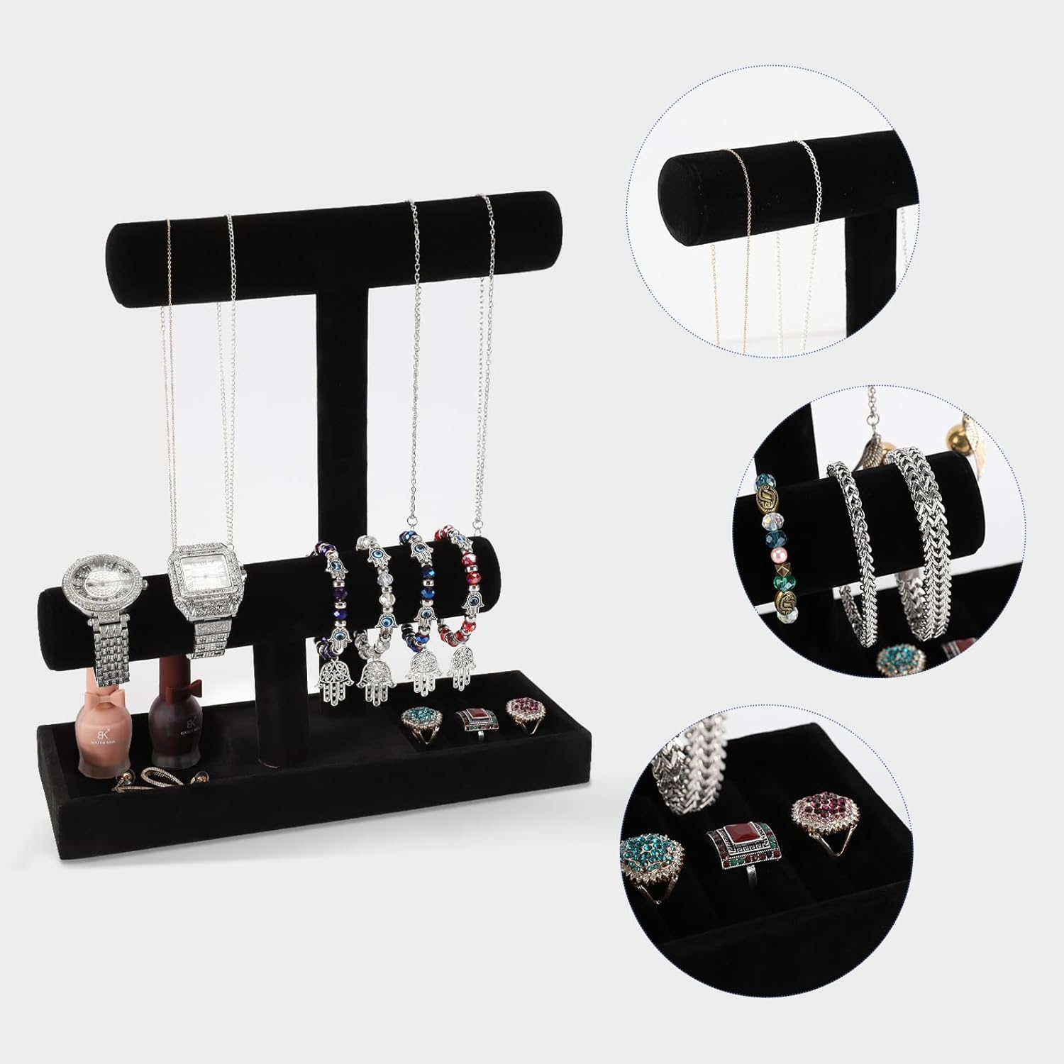 Byken Multi-Functional Necklace Holder,Bracelet Holder,Jewelry Organizer Stand with Earrings Rings Tray,Jewelry Holder for Scrunchie Watches Detachable