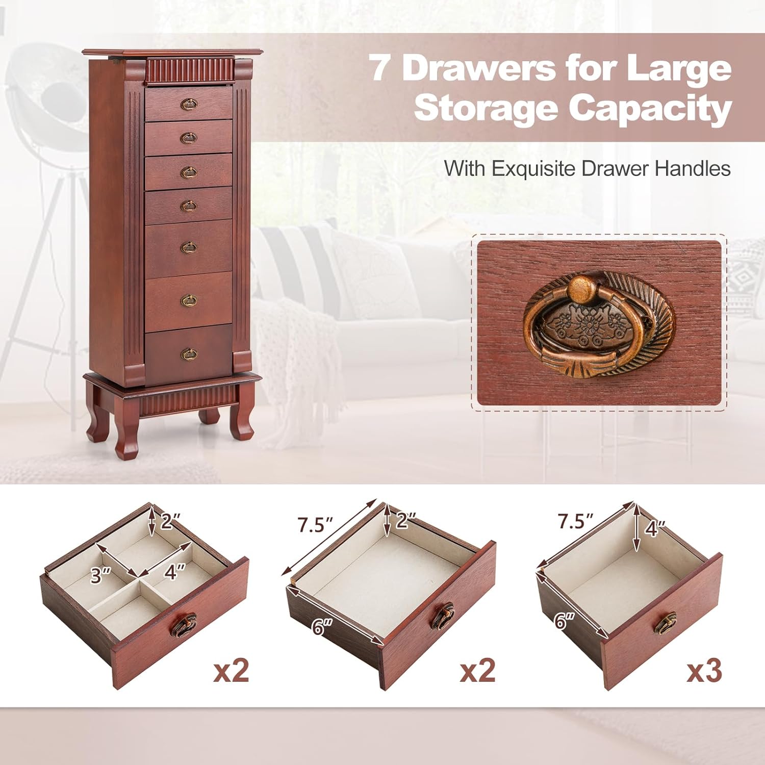 12 Necklace Hooks, Makeup Mirror Standing 7 Drawers, 2 Side Doors Large Standing Jewelry Armoire