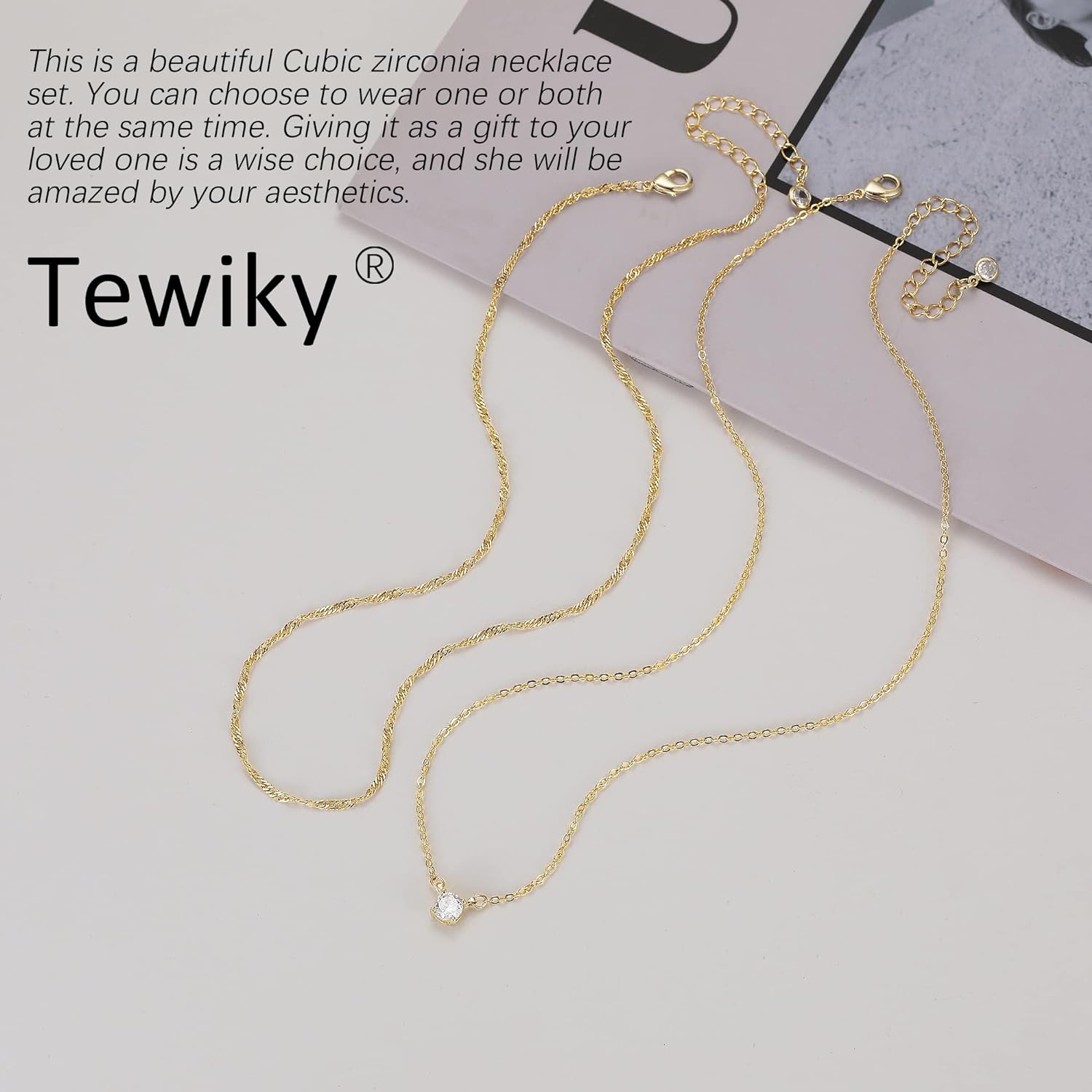  14K Gold Diamond Necklaces Dainty Plated Long Lariat Necklace Simple Gold CZ Diamond Choker Necklaces