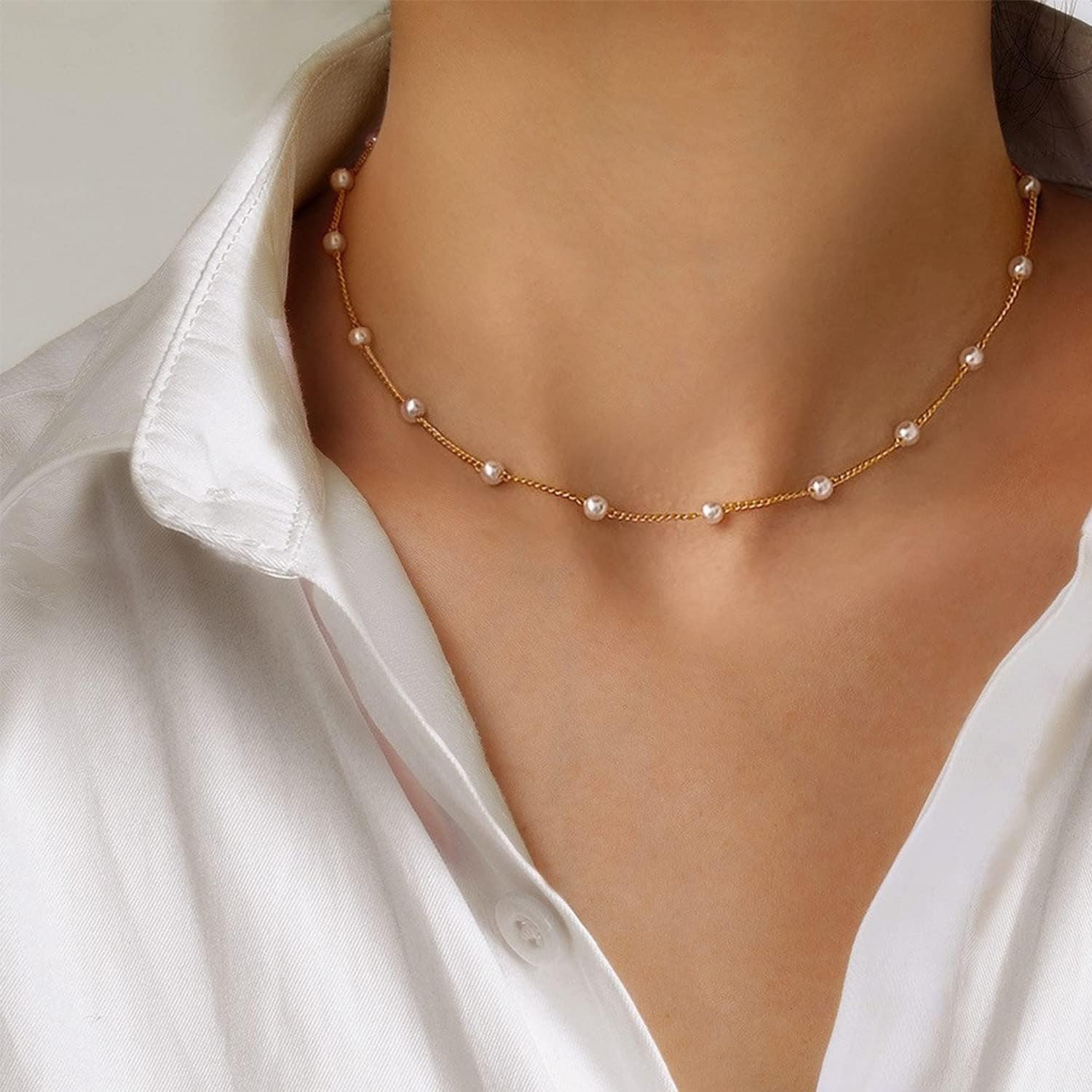  14K Gold Pearl Necklace Women,Plated Layered Freshwater Pearl Necklaces