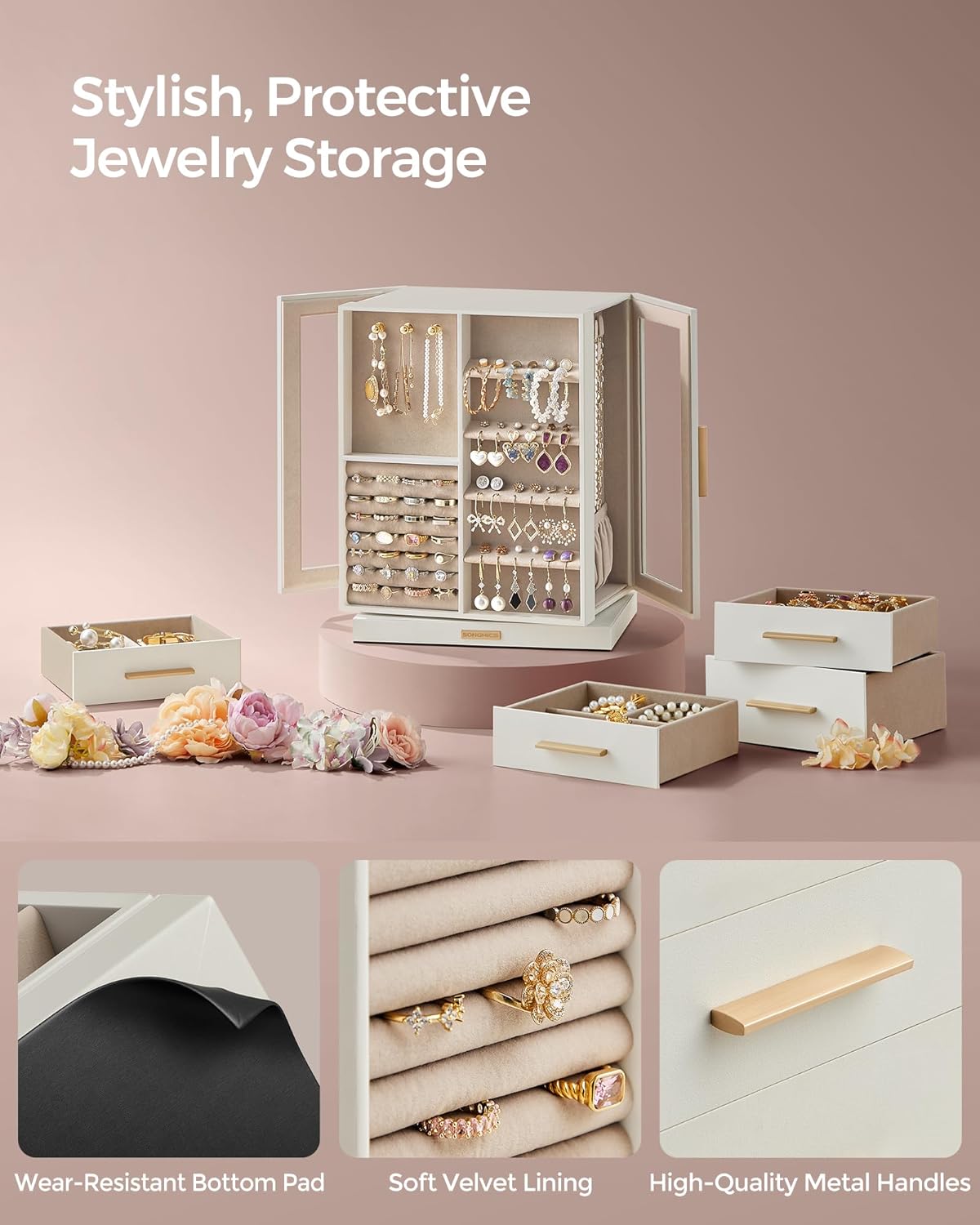 5 Drawers, Jewelry Organizer, Glass Window, Spacious, Vertical Jewelry Storage, Open Design, Great Gift, Cloud White